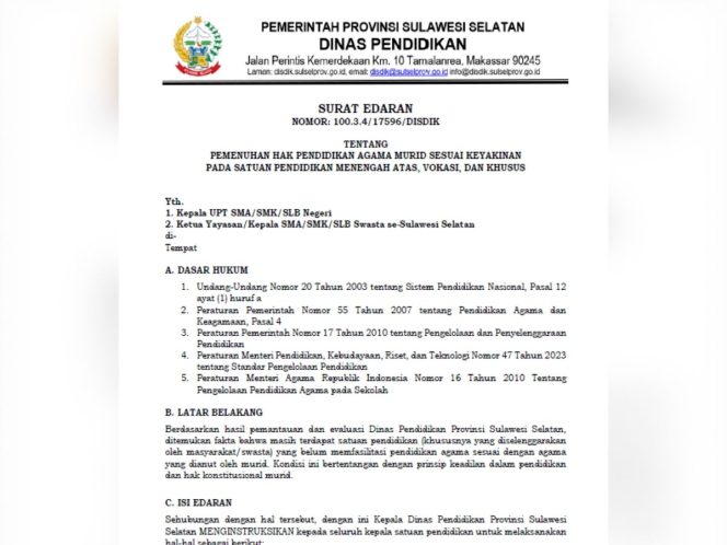 
					Disdik Sulsel Terbitkan Edaran : Penguatan Pendidikan Agama di Sekolah, FKUB-MUI-Permabudhi Beri Respons Kritis