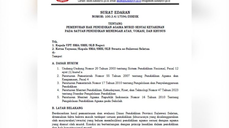 Disdik Sulsel Terbitkan Edaran : Penguatan Pendidikan Agama di Sekolah, FKUB-MUI-Permabudhi Beri Respons Kritis
